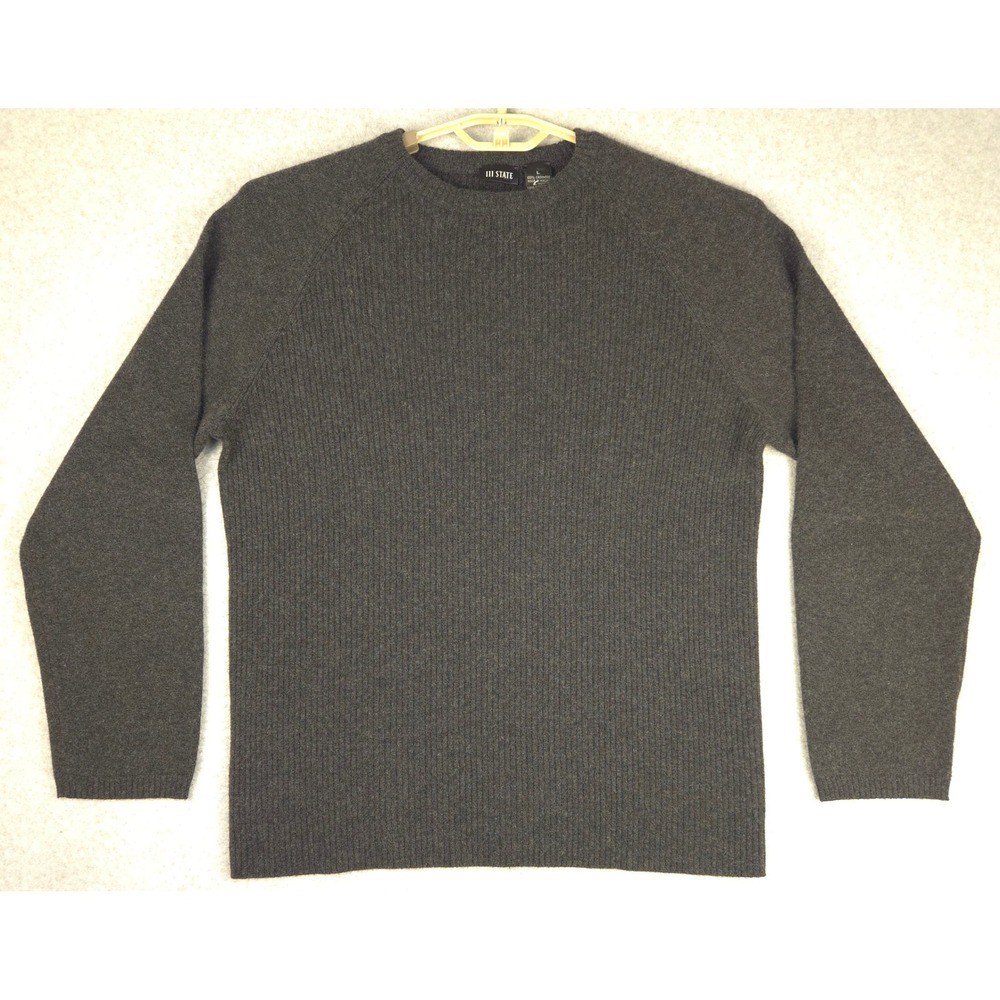 111‎ STATE Men's Charcoal Crew Neck Sweater 100% Cashmere Size L - Picture 2 of 6